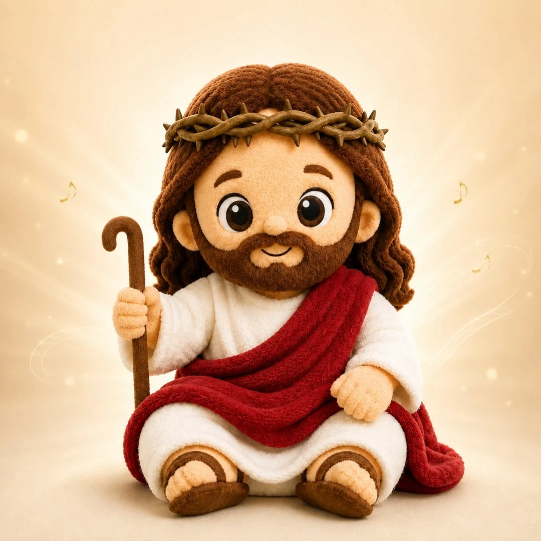 ClapCuddles Jesus Prayer Plush, a soft 25 cm plush in a white robe with a red sash